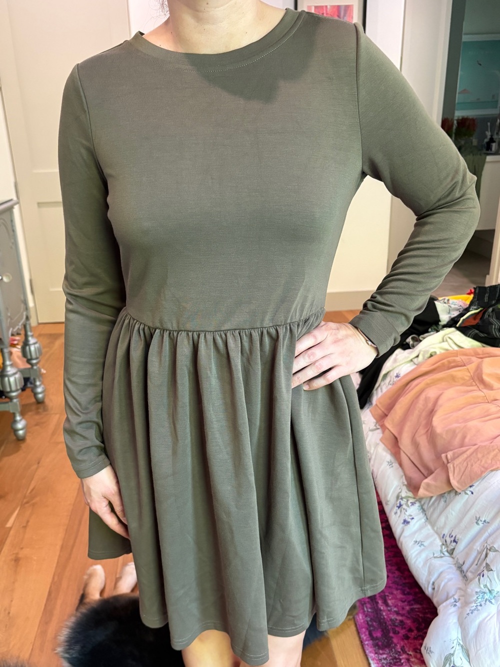 Classic Olive Long-Sleeve Fit-and-Flare Dress
